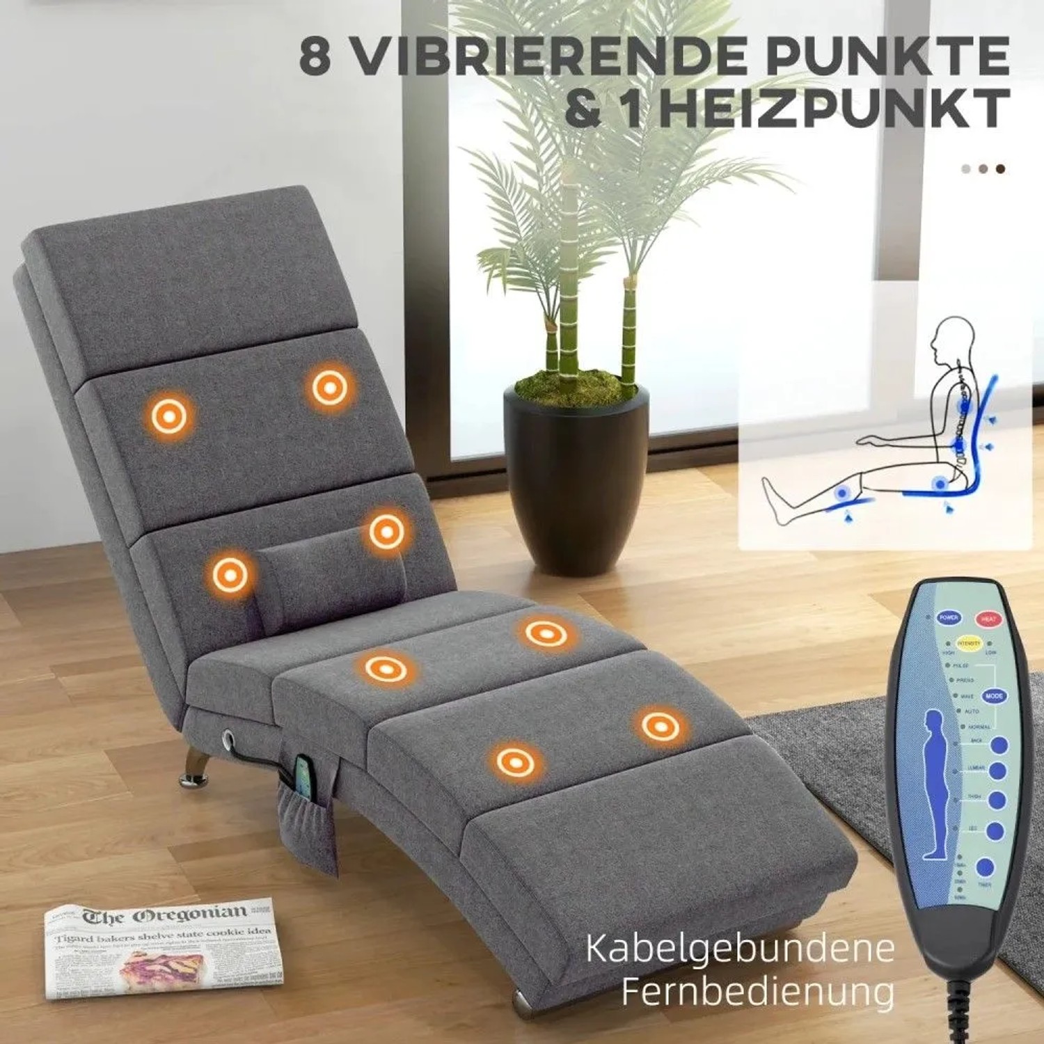 Dunkelgraue HOMCOM Relaxliege mit Massagefunktion, 8 Vibrationspunkten, Heizpunkt und Fernbedienung. Ideal für Entspannung.