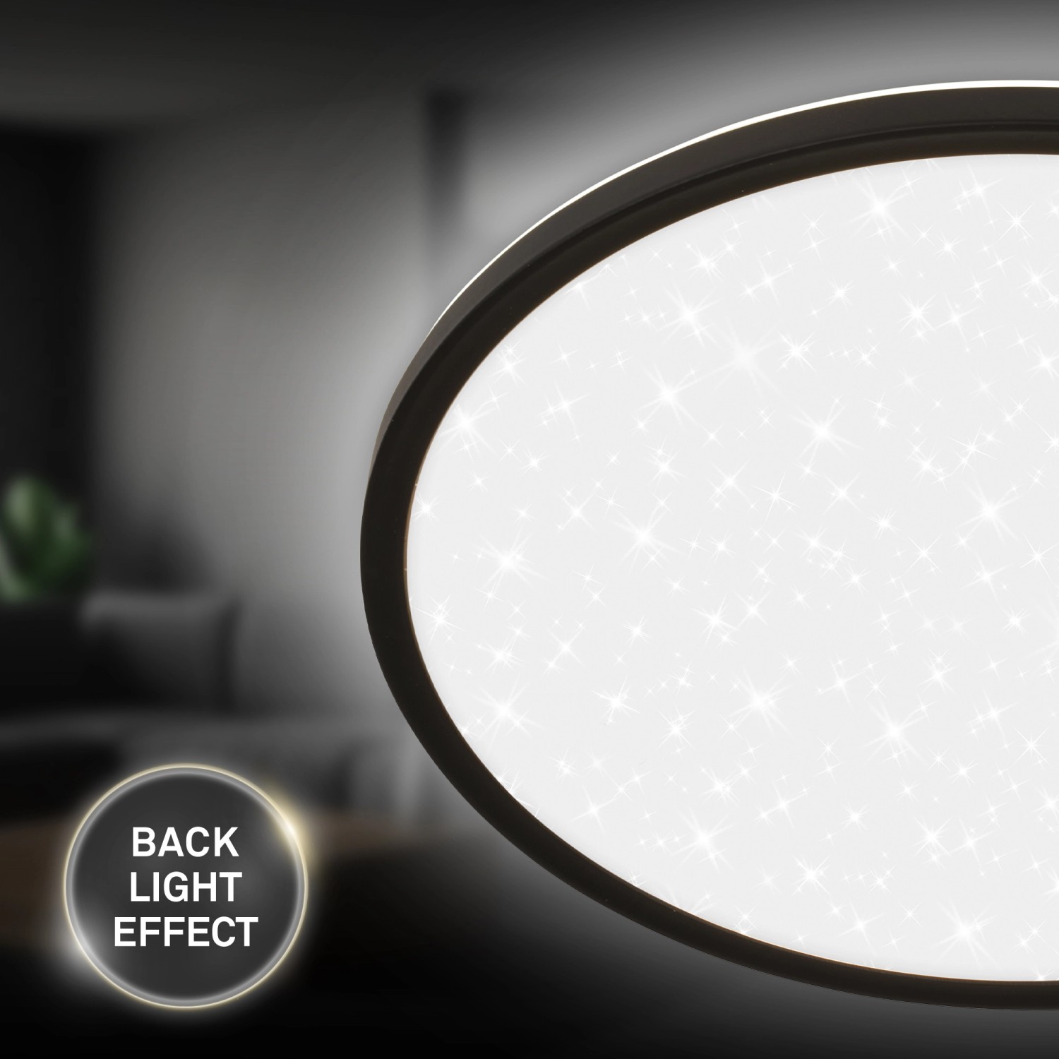 Schwarzes Brilo LED-Panel Slim Sternenhimmel, neutralweiß, mit Backlight-Effekt.