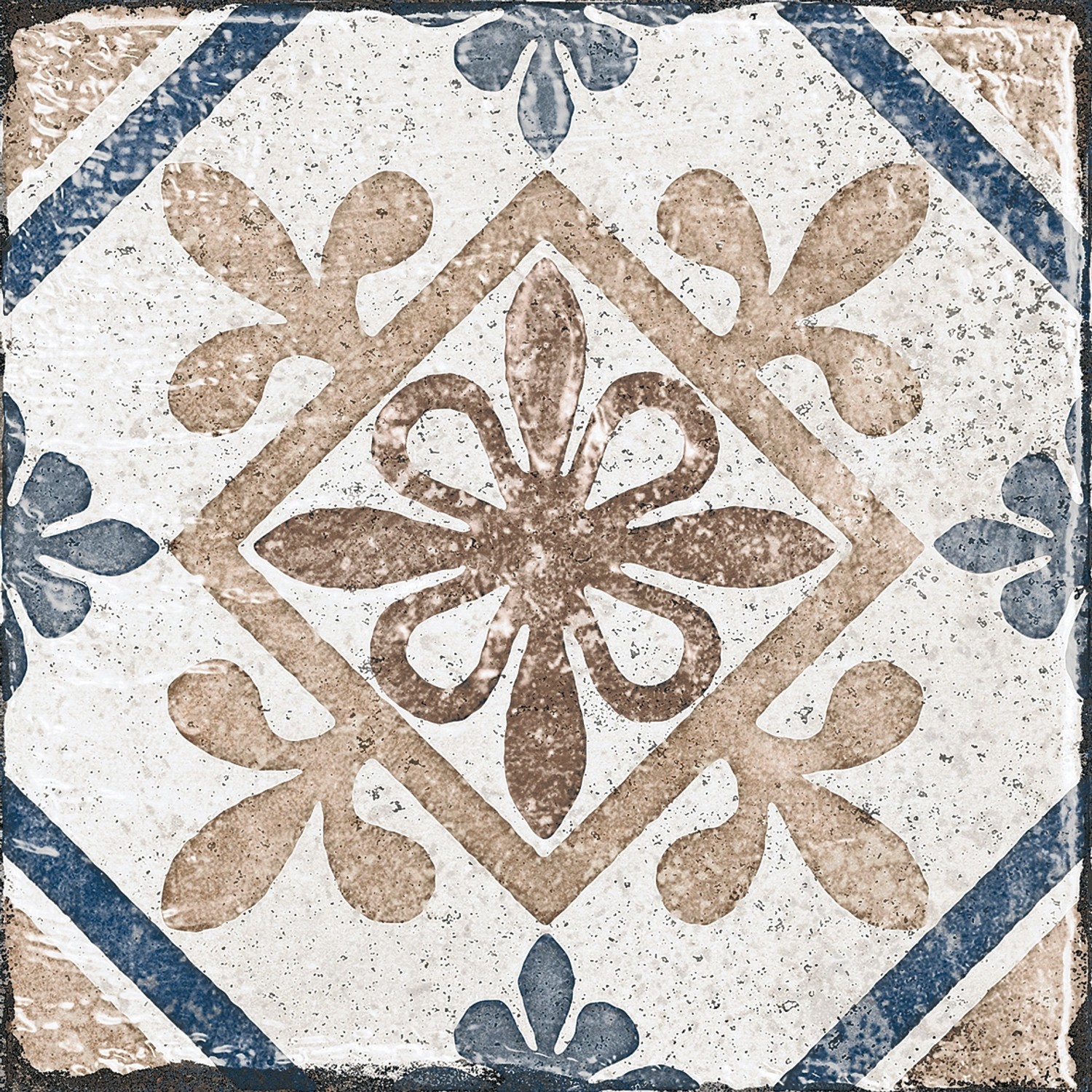 Dekorative, matte Bodenfliese aus Feinsteinzeug, 20x20 cm, mit blau-braunem Blumenmuster.