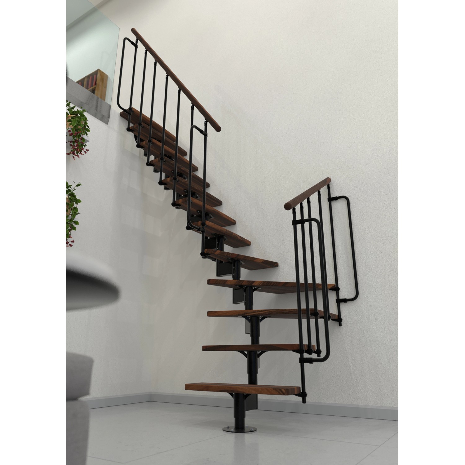 Minka Raumspartreppe Joker Turn, Walnuss/Schwarz, gewendelt. Innentreppe mit Holzstufen und Metallgeländer.