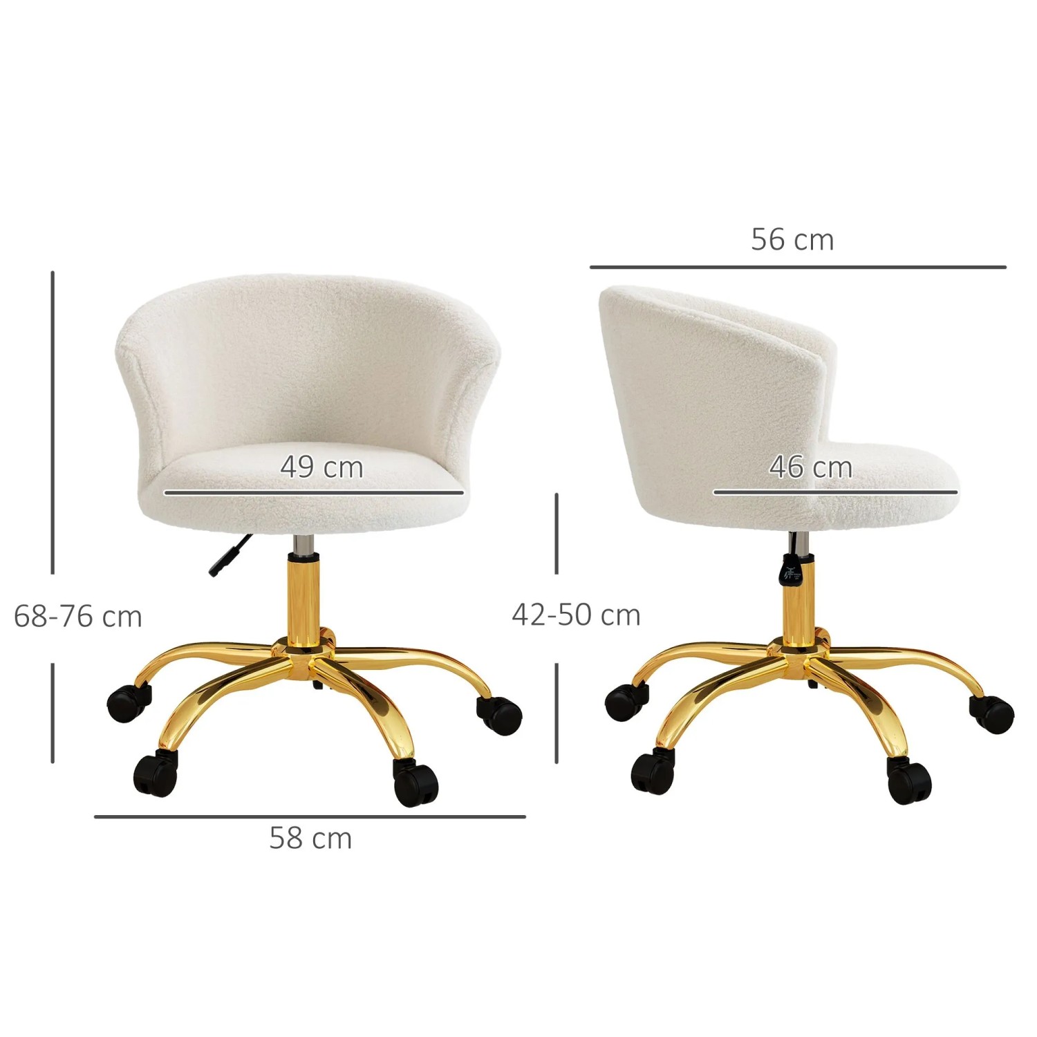 Weißer Vinsetto Bürostuhl aus Teddy-Fleece mit goldener Stahlbasis und Rollen. Höhenverstellbar, ergonomisch.