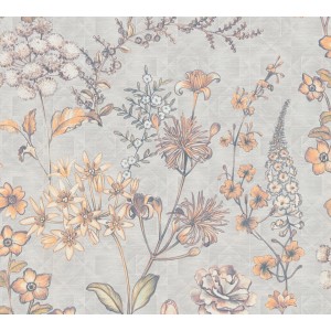 AS-Creation Vliestapete mit Blumenmuster in Hellgrau und Orange.