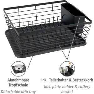 Schwarzer Wenko Geschirrabtropfer Drip mit Abtropfschale und Besteckkorb.