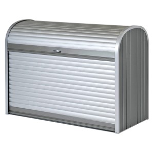 Biohort StoreMax 160 Gartenbox in Quarzgrau mit Rollladen und Zylinderschloss.