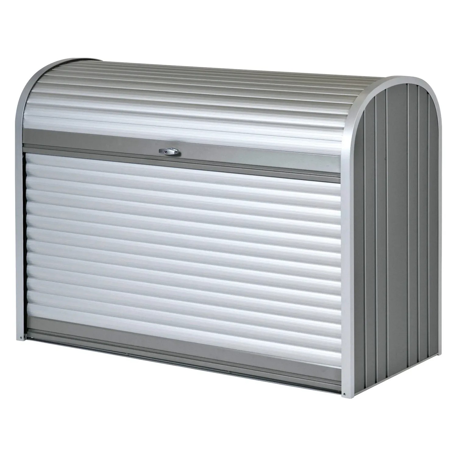 Biohort StoreMax 160 Gartenbox in Quarzgrau mit Rollladen und Zylinderschloss.