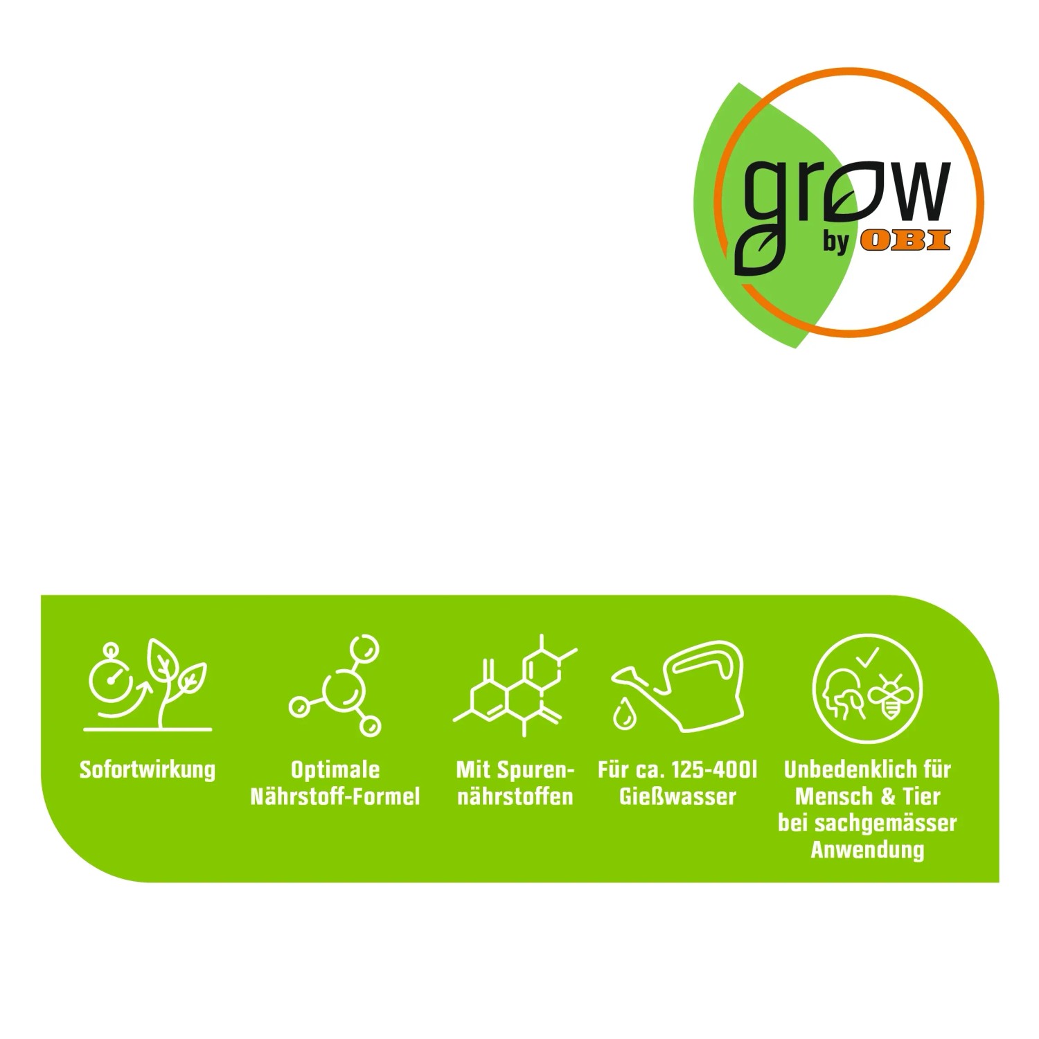 GROW by OBI Geranien-Dünger: Symbole für Sofortwirkung, Nährstoffe, Spurenelemente und Ergiebigkeit.