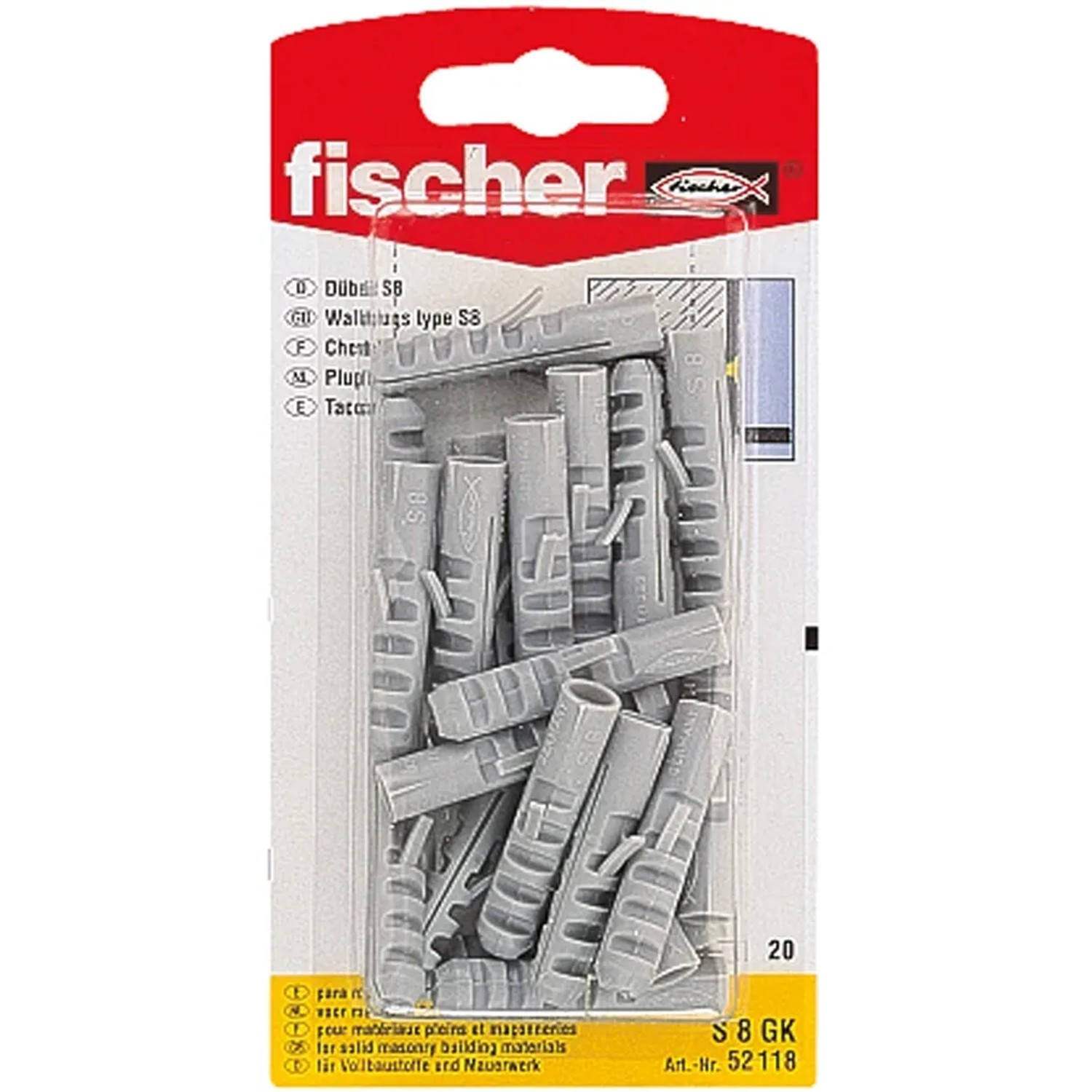 Fischer Spreizdübel S 8 GK, 20 Stück, grau, für Vollbaustoffe.