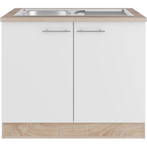 Optifit Spülenunterschrank Dakar286, 100 cm, Weiß Seidenglanz mit Arbeitsplatte in Eiche hell.