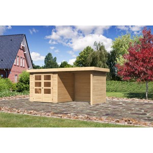 Karibu Holz-Gartenhaus Boras, unbehandelt, mit Anbau und Doppeltür.