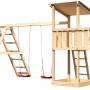Karibu Spielturm Anna mit Doppelschaukel, Klettergerüst und Anbauplattform aus Holz.