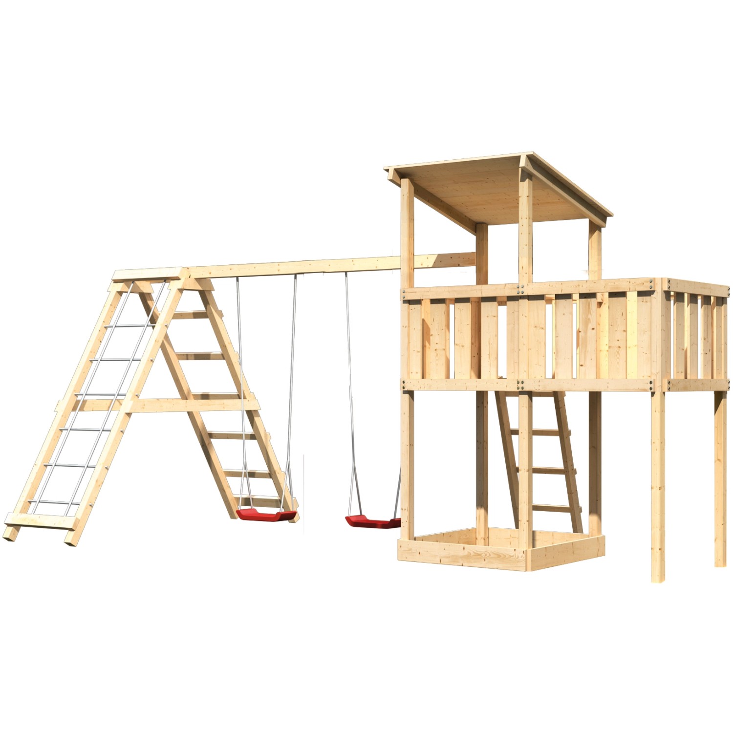 Karibu Spielturm Anna mit Doppelschaukel, Klettergerüst und Anbauplattform aus Holz.