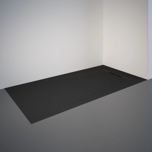 Rechteckige, extraflache Schulte Duschwanne ExpressPlus, 160x80 cm, in Anthrazit mit Steinoptik.