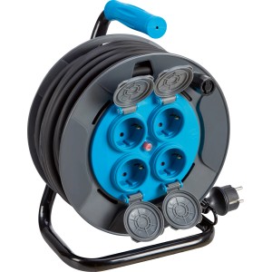 Kabeltrommel, 4-fach, IP44, schwarz-blau, 20 m Kabel. Steckdosenleiste für den Außenbereich.