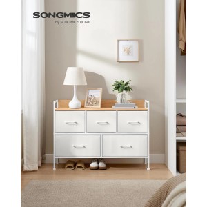 Songmics Kommode mit 5 Stoffschubladen in Weiß-Eiche-Beige für Wohnzimmer.