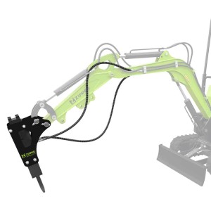 Schwarzer Zipper Abbruchhammer ZI-MBGS850DH am Minibagger-Arm für Abbruch- und Meißelarbeiten.