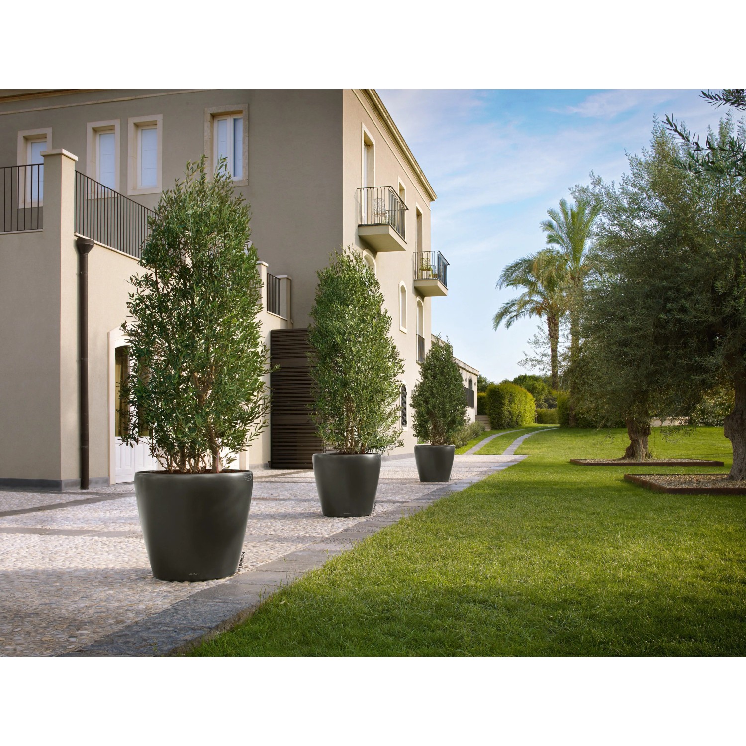 Lechuza Classico Premium Pflanzkübel, Ø 60cm, Anthrazit metallic, im Garten.