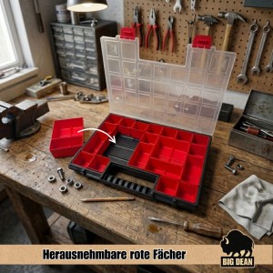 BigDean Sortimentskasten B mit Herausnehmbaren Roten Fächern Ideal für Kleinteile Werkzeug und Organisation Kunststoff 39,9 x 30,3 x 5cm
