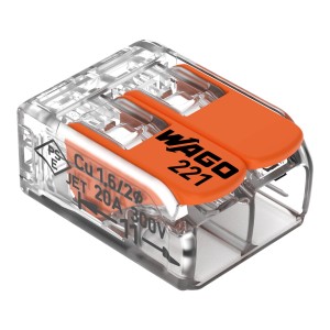 Wago Hebelklemme, 2-polig, für Leiter Ø 0,2-4mm², 5er-Pack. Verbindungsklemme mit orangenen Hebeln.