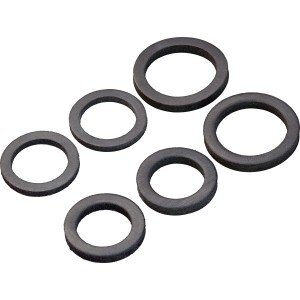Flachdichtungs-Set für Mischdüsen, 6 schwarze Dichtungsringe in verschiedenen Größen.