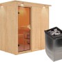 Karibu Sauna Rikka mit Ofen und LED-Dachkranz aus naturbelassener Fichte.