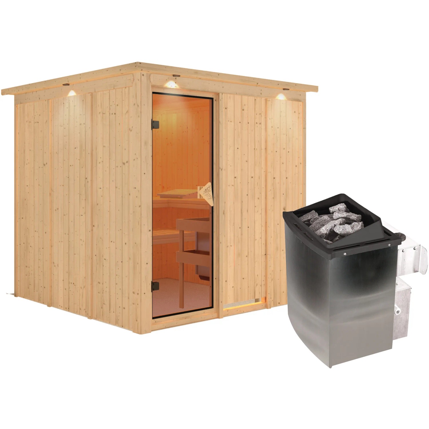 Karibu Sauna Rikka mit Ofen und LED-Dachkranz aus naturbelassener Fichte.