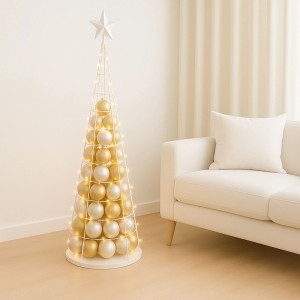 Weißer Deko-Baum aus Metall, 160 cm, mit goldenen und weißen Kugeln, Weihnachtsdekoration.