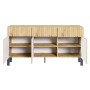 Selsey Sideboard Telire Artisan Eiche, 3 offene Türen, 6 Fächer, Lamellenfront, 3 Schubladen, schwarze Metallfüße.