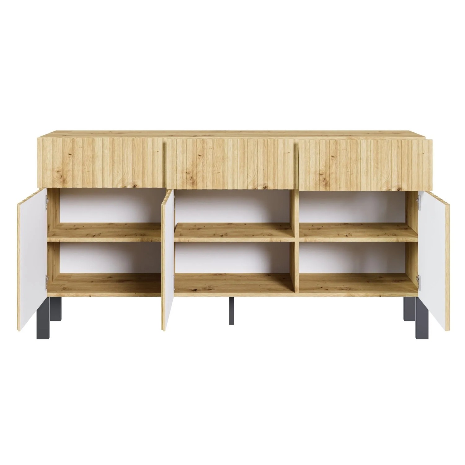 Selsey Sideboard Telire Artisan Eiche, 3 offene Türen, 6 Fächer, Lamellenfront, 3 Schubladen, schwarze Metallfüße.
