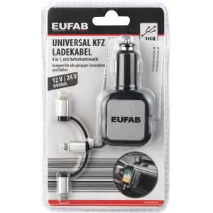 Eufab Universal KFZ Ladekabel 12/24V für Smartphones mit USB micro-B, USB-C und Lightning Anschluss.