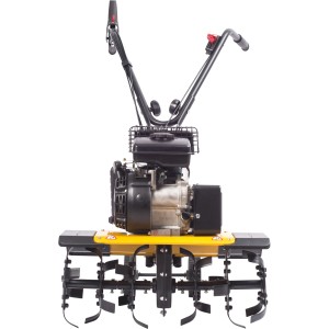 Texas Benzin-Motorhacke Lilli 360TG: Kompakte Gartenhacke mit gelbem Rahmen und schwarzen Hackmessern.