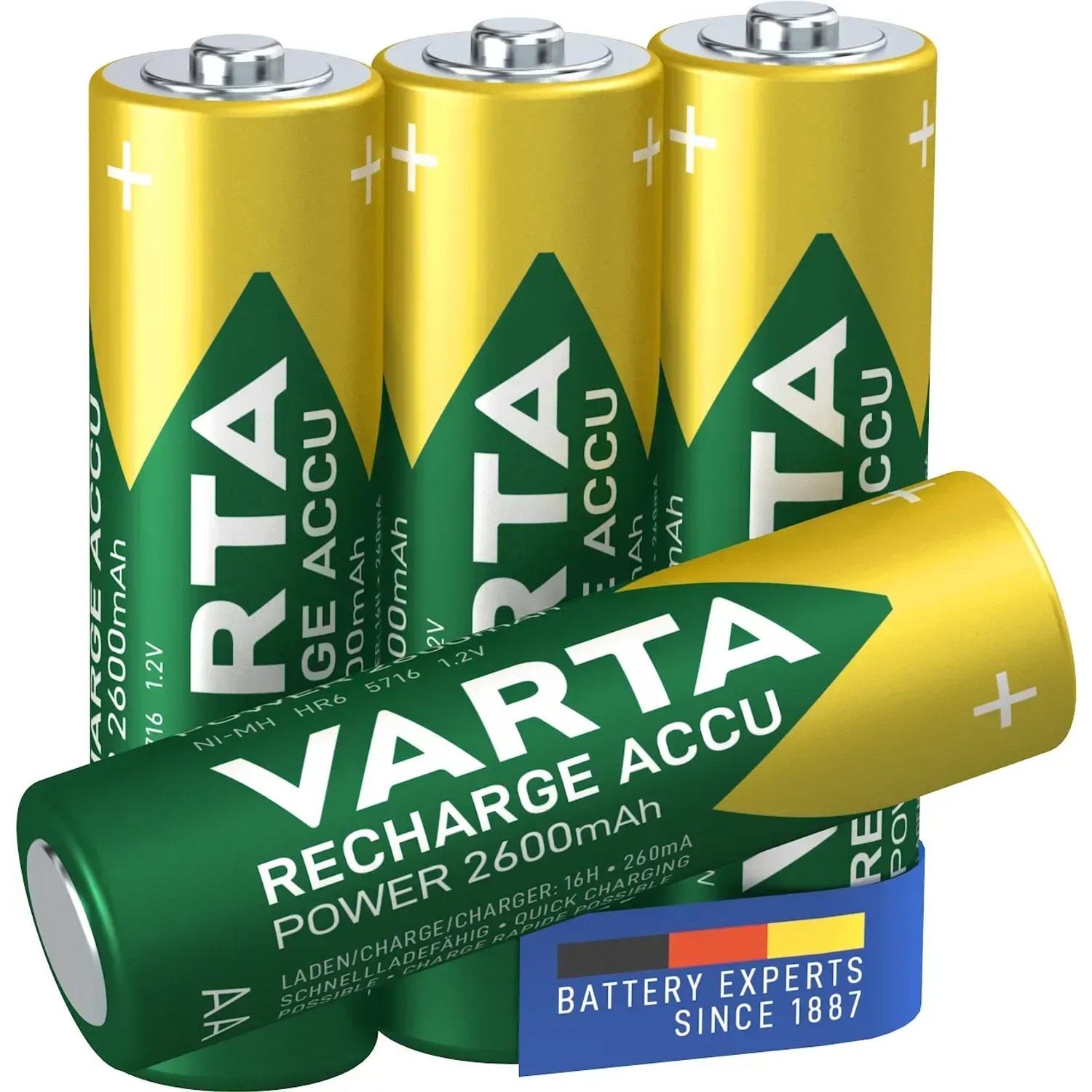 Varta Recharge Akkus Power Mignon (AA) 2600 mAh, 4er-Pack. Wiederaufladbare Batterien für Standardanwendungen.