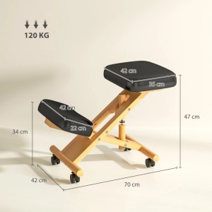 HOMCOM Kniestuhl schwarz mit Kunstlederpolstern, hellem Gummibaumholzrahmen, Rollen und Maßen 70x42x47 cm. Max. 120 kg.