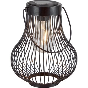 Schwarze LED Solar-Laterne mit filigranem Drahtdesign und warmweißem Licht für Garten und Terrasse.