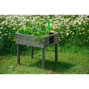 Anthrazitfarbenes Dobar Minihochbeet mit Tafel, 50x40x45 cm, aus Holz, bepflanzt.