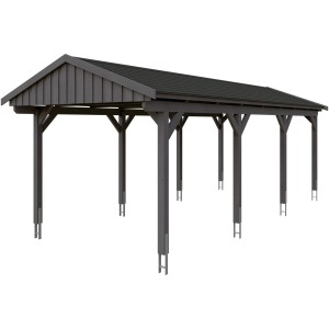 Skan Holz Carport Fichtelberg mit schwarzen Schindeln und schiefergrauer Holzkonstruktion.