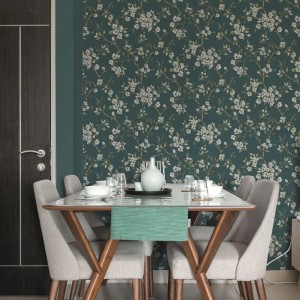 Boutique Vliestapete Eliza Teal mit Blumenmuster im Esszimmer.
