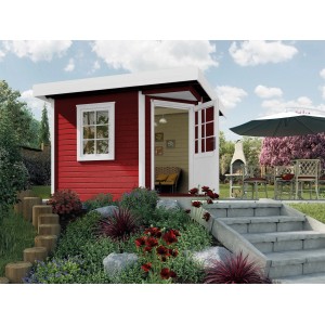 Rotes Weka Holz-Gartenhaus mit Flachdach, 238x278 cm, lasiert. Modernes Design für Garten oder Freizeit.