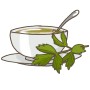 Illustration: Suppe mit Liebstöckel (Maggikraut) in Tasse mit Löffel. Küchenkraut für Suppen.