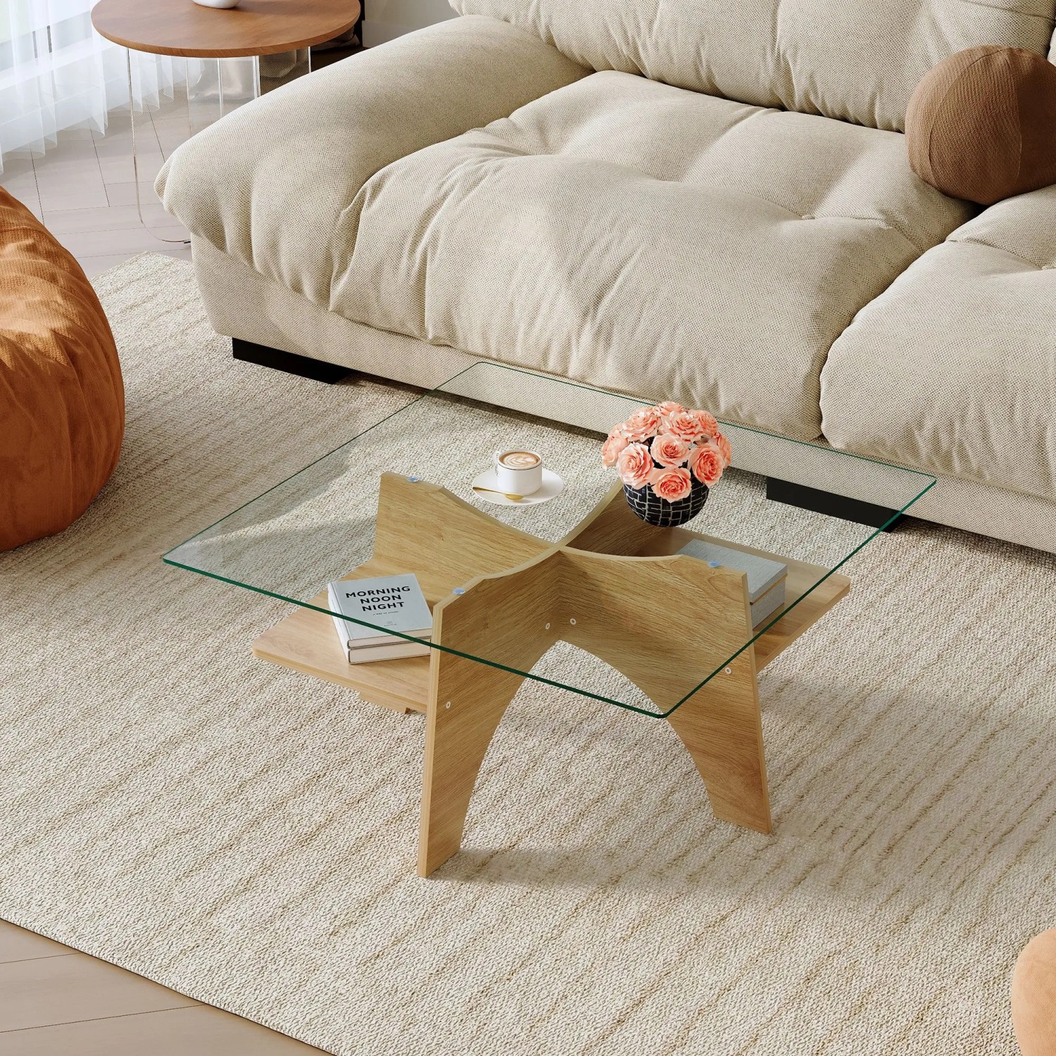 okwish Beistelltisch mit Sicherheitsglas Quadratisch Wohnzimmer Büro 80x80x40cm Natur_2
