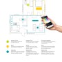 Eglo Connect: Grundriss einer Wohnung mit farbiger Lichtsteuerung per App auf dem Smartphone.