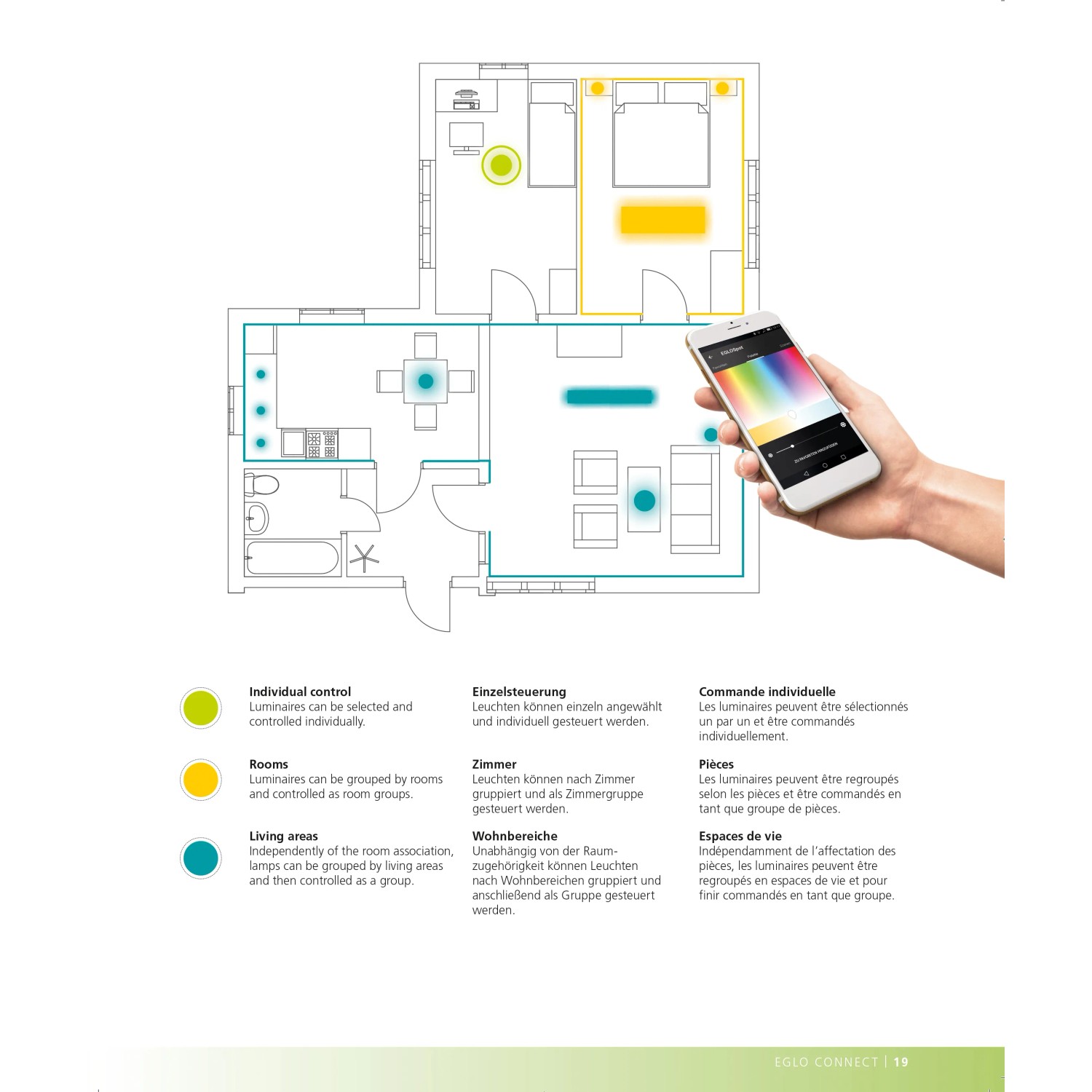 Eglo Connect: Grundriss einer Wohnung mit farbiger Lichtsteuerung per App auf dem Smartphone.