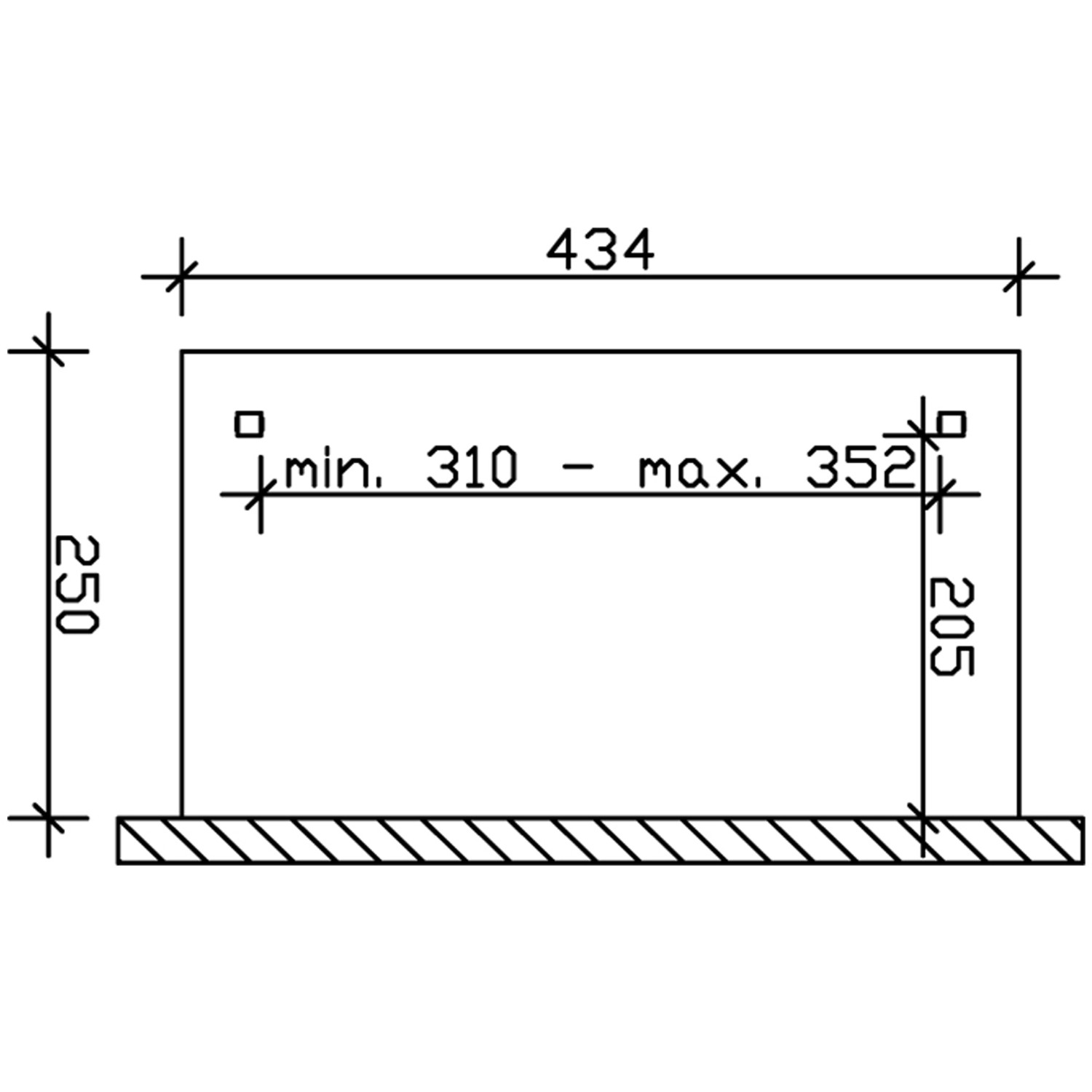 Technische Zeichnung der Skan Holz Terrassenüberdachung Ravenna, Maße: 434 x 250 cm.