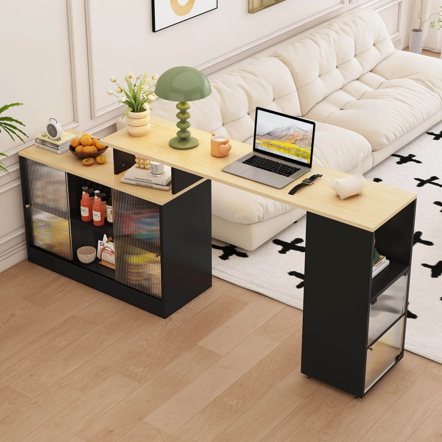 okwish Bartisch mit Drehbar Stauraum Beweglich Küche 135x39x105cm Schwarz_4