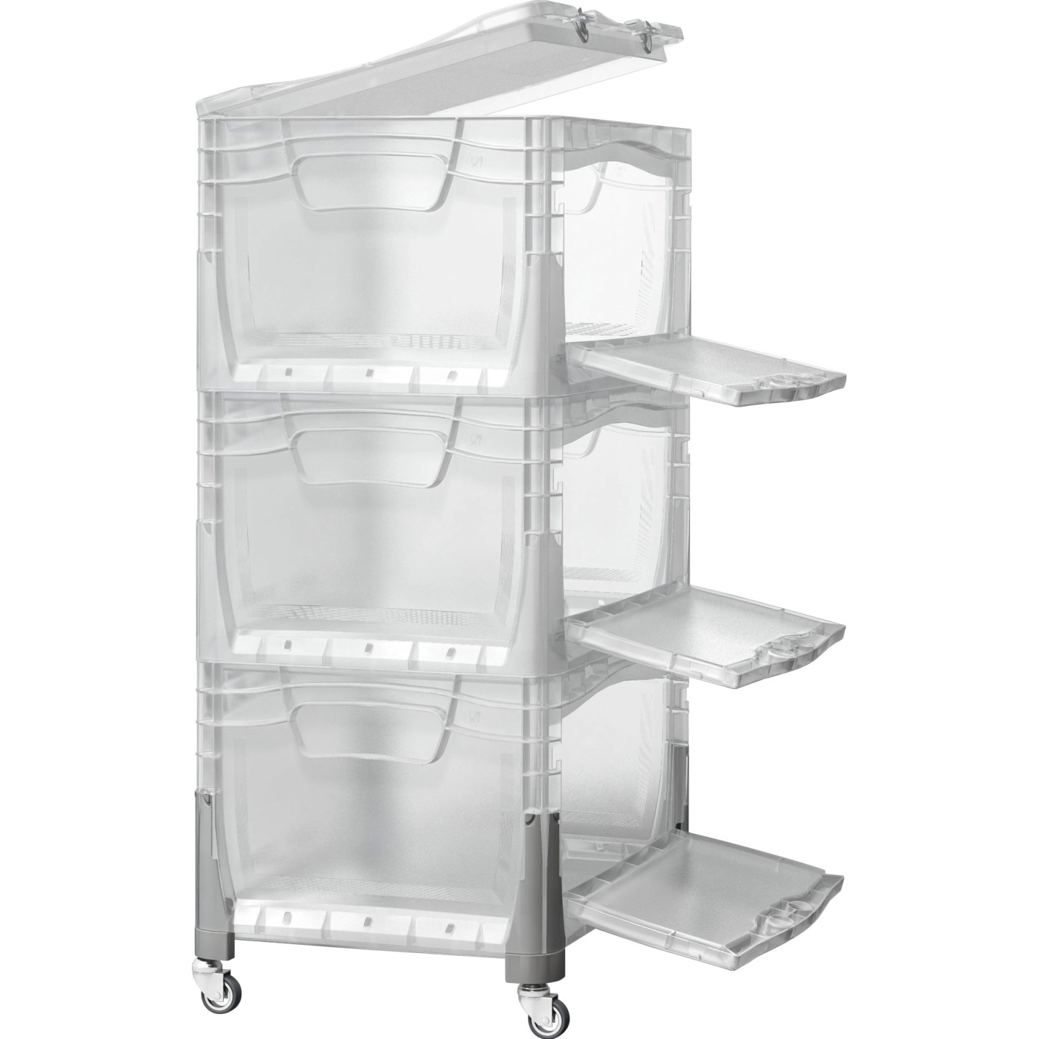 Gestapelte, transparente Eurobox-System Box mit seitlicher Klappe, 60x40x32 cm, für Aufbewahrung.