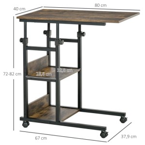 Brauner HOMCOM Beistelltisch mit C-förmigem Metallgestell, Rollen und zwei Ablagen. Höhenverstellbarer Sofatisch.