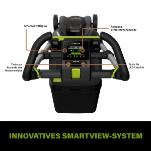 Suntek Akku-Rasenmäher: Detailansicht des SmartView-Displays und Bedienelemente.