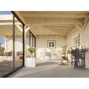 Palmako Pavillon Lenna Set 414, 588x588 cm, weiß lackiert. Weekendhaus mit Schiebetüren und Lounge-Bereich.