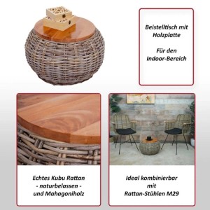 Runder Beistelltisch M30 aus Rattan mit Mahagoni-Tischplatte, geeignet für Wohnzimmer.