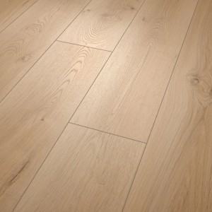 Beiger Egger NatureSense Aqua Laminatboden, 10 mm stark, wasserfest, in Dielenoptik.