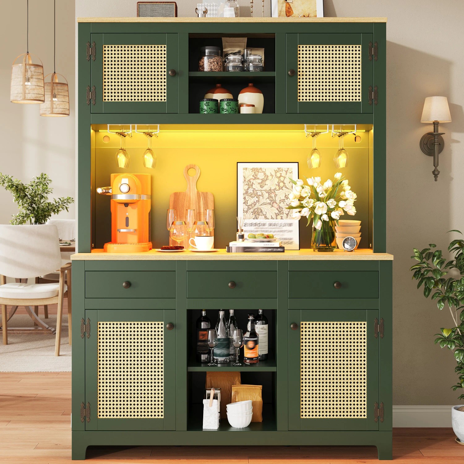 okwish Hochschrank mit LED Lichtsystem Rattan Kippsicherung Küche 120x40x180cm Grün_4